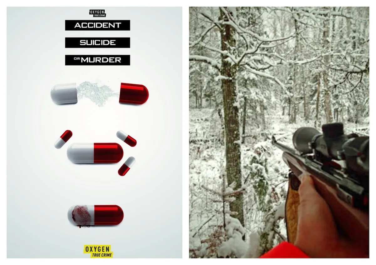 Key art for 'Accident, Suicide or Murder' showing pills next to an image of a person aiming a hunting rifle into snowy woods