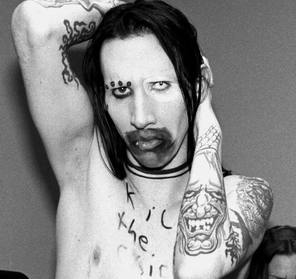 Marilyn Manson, famous for covering the Eurythmics' "Sweet Dreams," in black-and-white