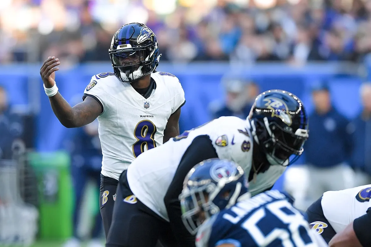 Lamar Jackson of Baltimore Ravens gestures during the NFL match between Baltimore Ravens and Tennessee Titans at Tottenham Hotspur Stadium on October 15, 2023 in London, England