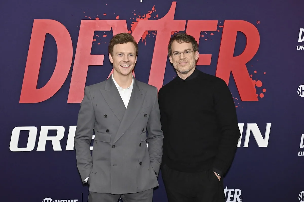 Actors Patrick Gibson (L) and Michael C. Hall stand together at Showtime's 'Dexter: Original Sin' premiere at the SVA Theatre in New York