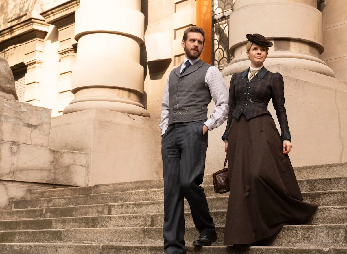 Detective Blake and Eliza Scarlet standing on steps in 'Miss Scarlet' Season 5