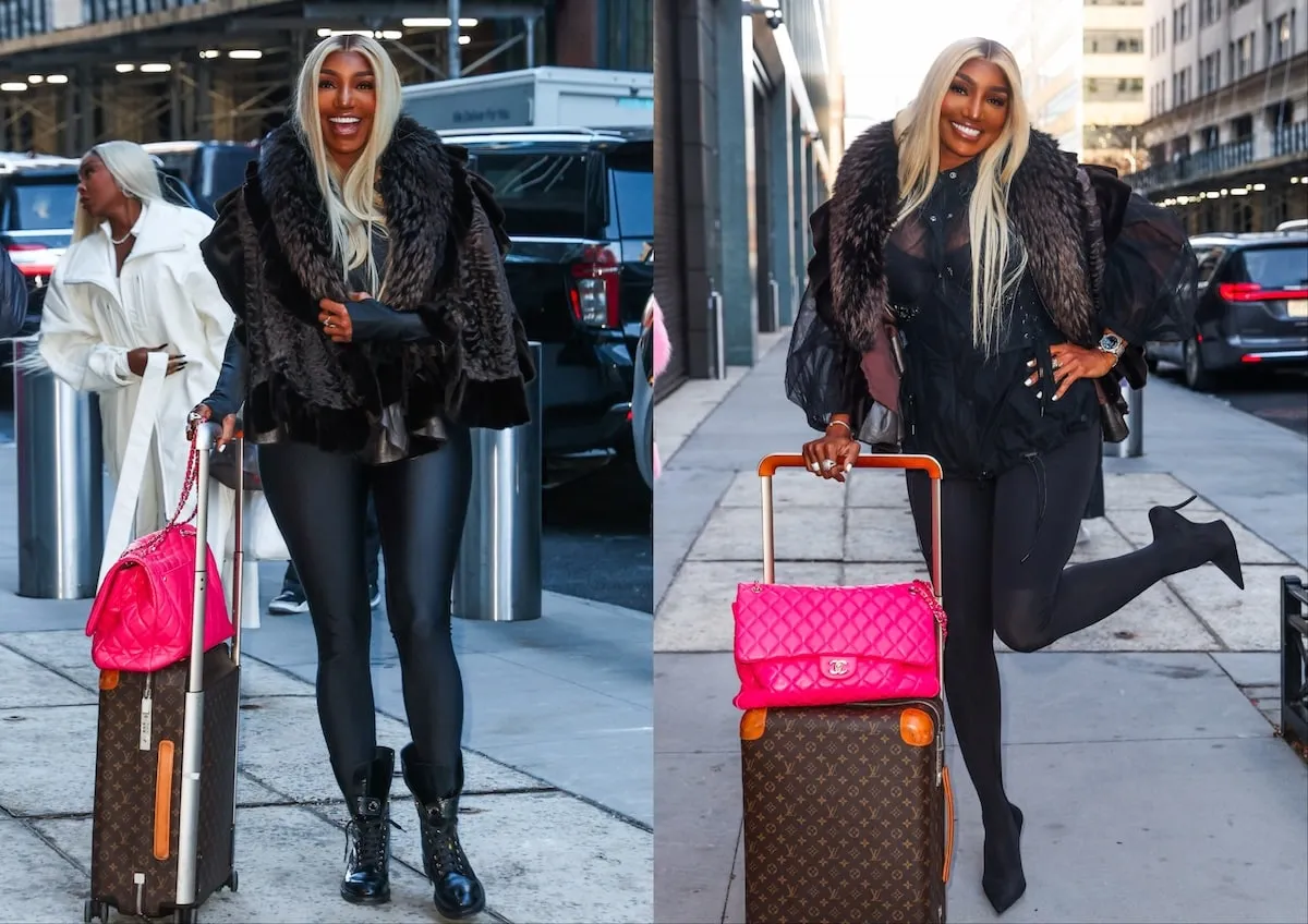 TV personality NeNe Leakes wears a black outfit and poses on a sidewalk in NYC