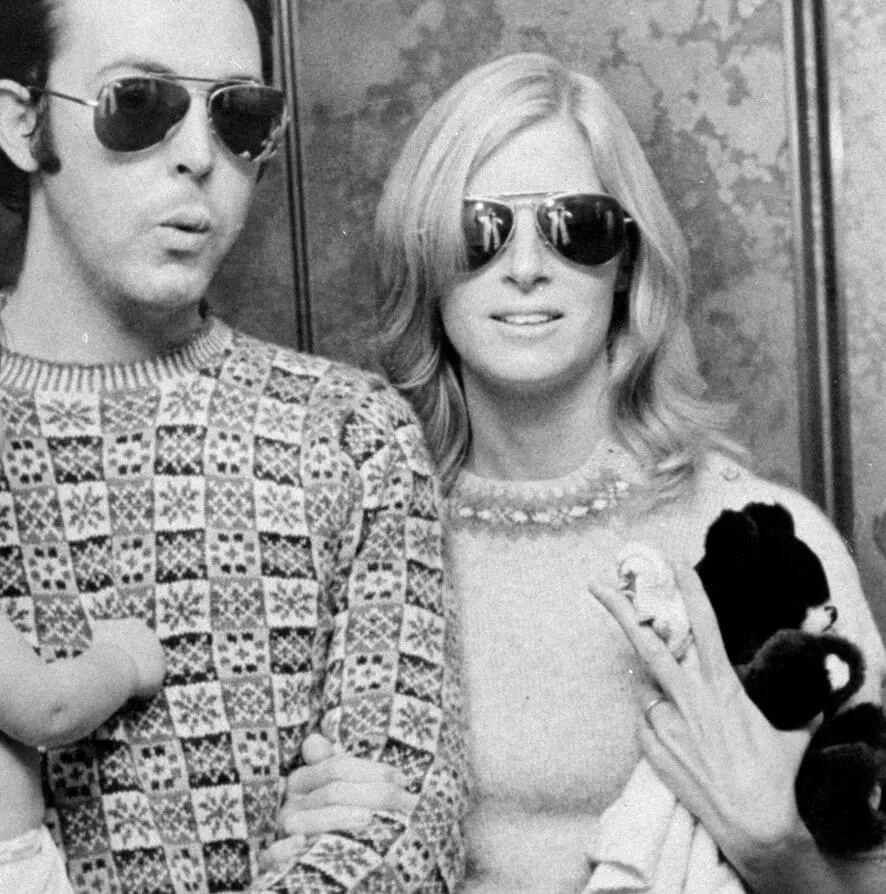 Wings' Paul McCartney and Linda McCartney in black-and-white