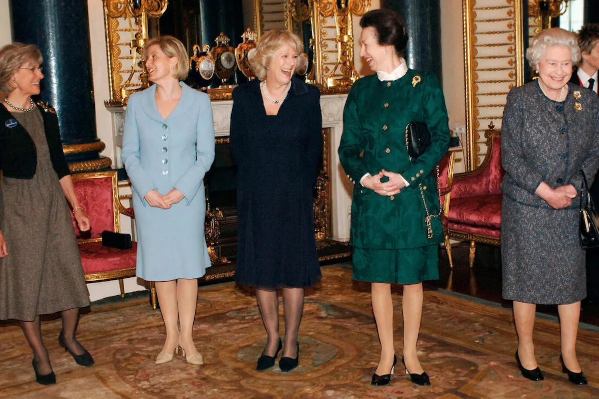 The Duchess of Gloucester, Sophie, Duchess of Edinburgh, Queen Camilla, Princess Anne, and Queen Elizabeth II stand next to each other.